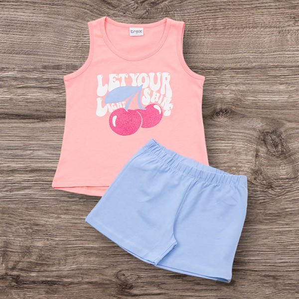 Σετ σορτσάκι - αμάνικο μπλουζάκι με σχέδιο κεράσια, ροζ candy - γαλάζιο